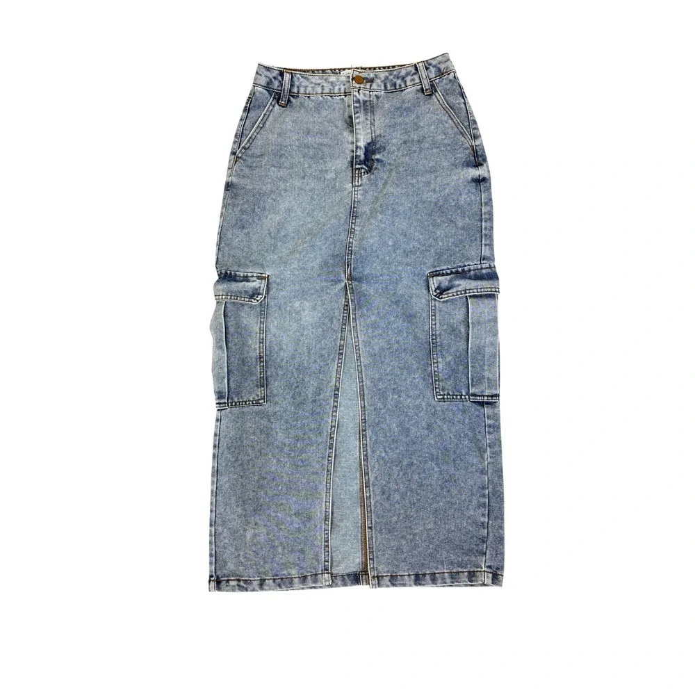 Light Wash Front Slit Cargo Denim Maxi Skirt Women Size 7 Y2K Grunge Streetwear